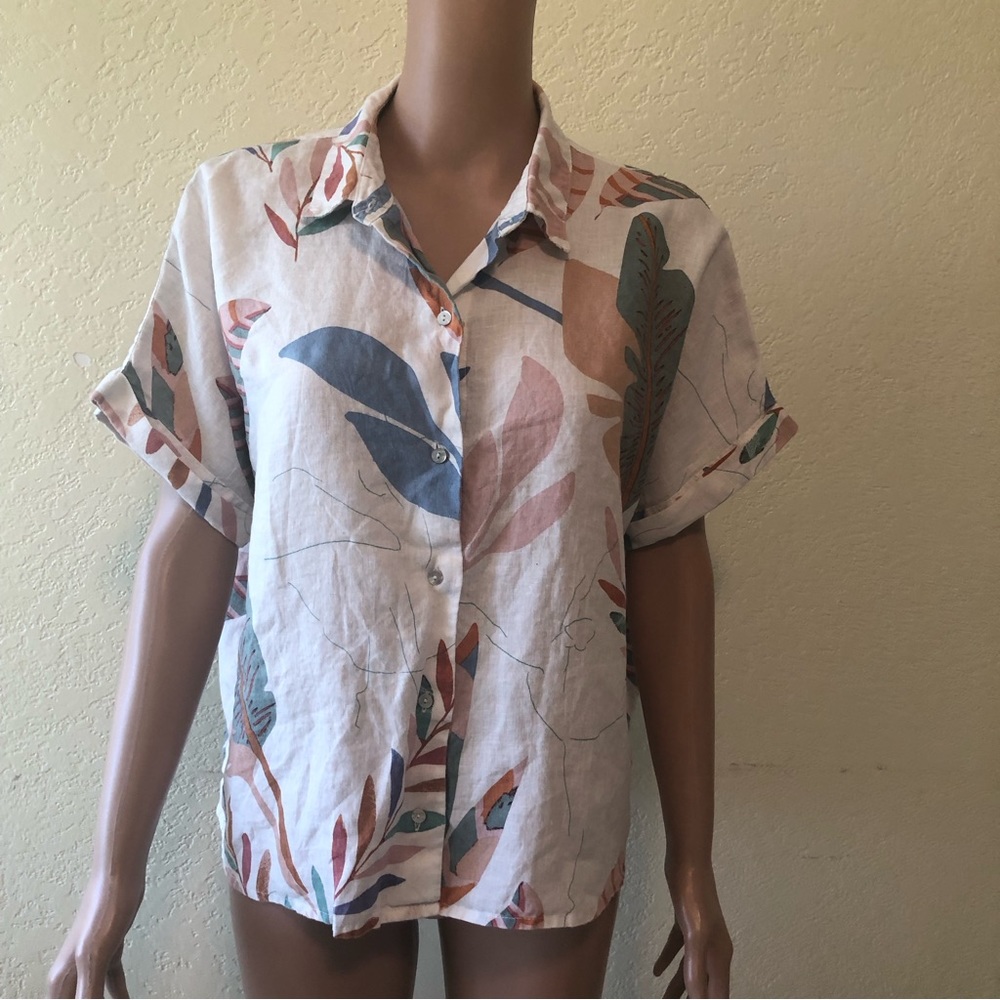 Cynthia Rowley Women’s Size L White Printed Floral Leafs Button-Up Shirt Blouse